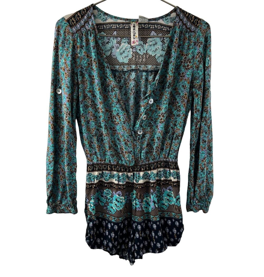 MIMI CHICA Turquoise Floral Print Roll Tab Sleeve V-Neck Button Down Romper Sz S